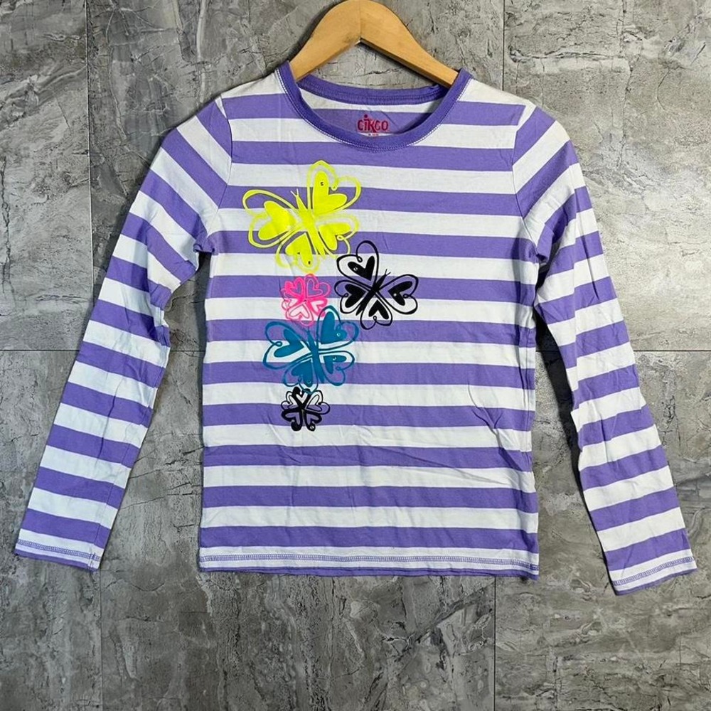 Purple striped long sleeve shirt butterfly and flower‎ design kids XL 14-16